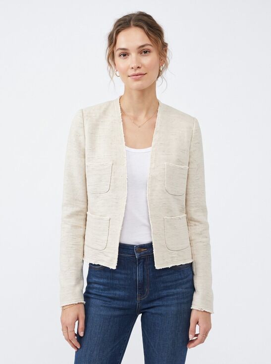 L'AGENCE Jackets & Blazers - L'AGENCE Linen Cotton Cropped Tweed Jacket Cream Pockets Raw Hem Collarless XS